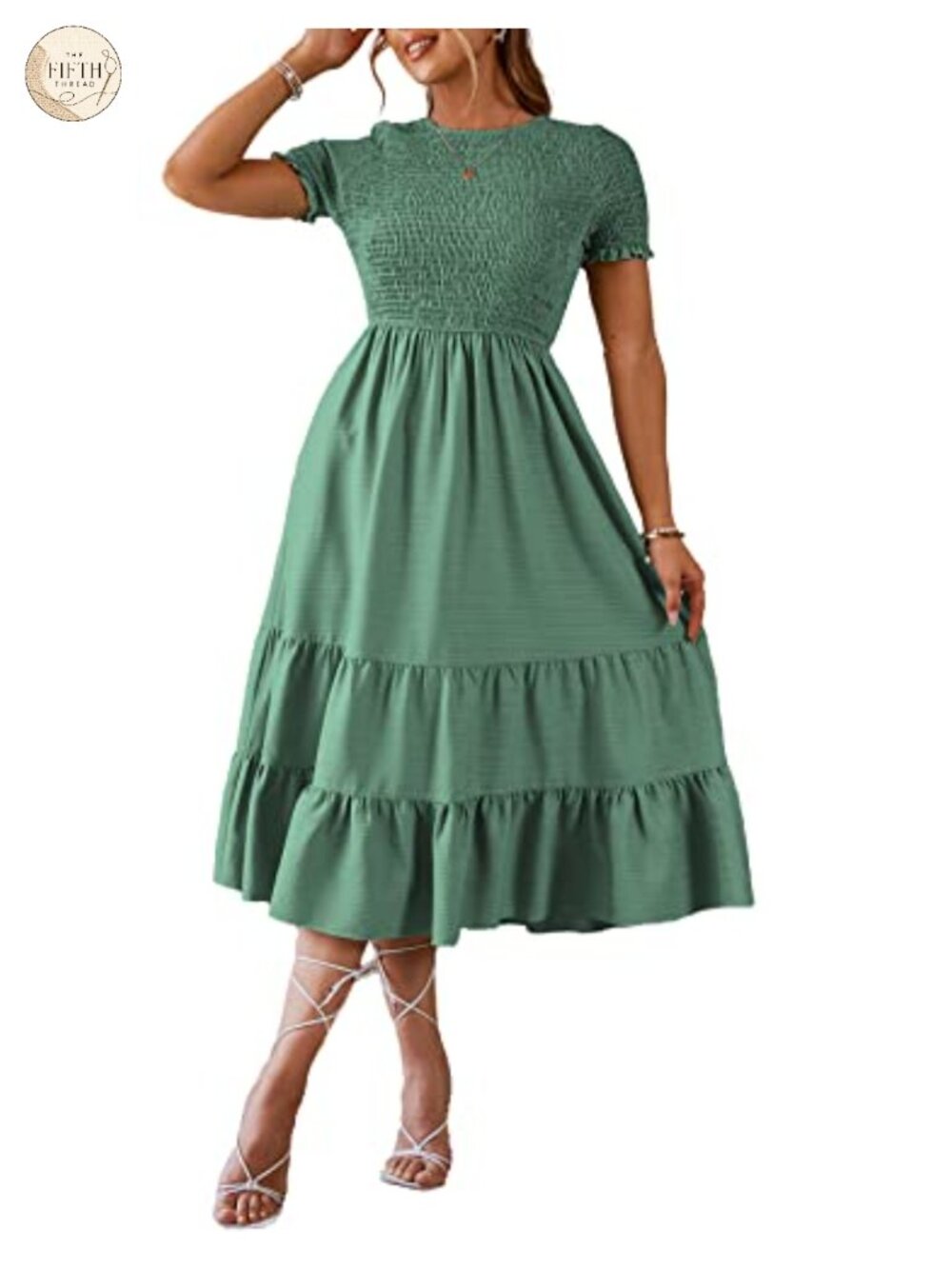 Womens Smocked Midi Dress Short Puff Sleeve A-Line Flowy Square Neck
